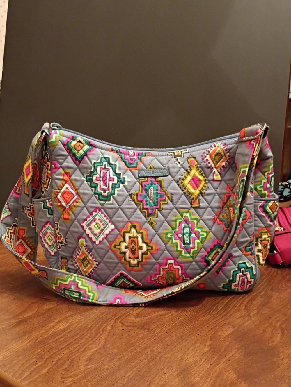 Vera Bradley Gray On The Go Quilted Crossbody with Multicolor Geometric Pattern